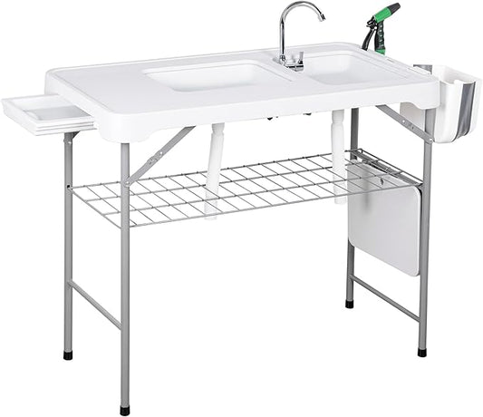 Allpop Fish Cleaning Table with 2 Sinks & Grid Rack, 42.5'' Portable Folding Camping Fish Station with Foldable Faucet, Drainage Hose, Sprayer, Storage Box, Drawer & Grooves for Picnic, White