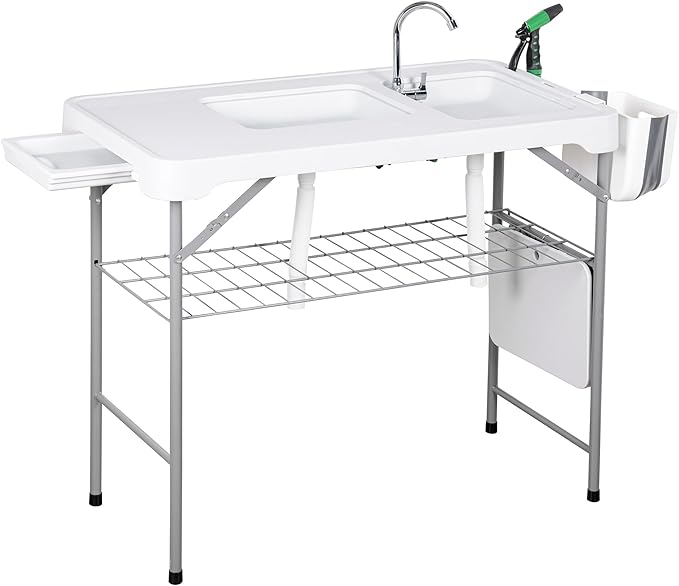 Allpop Fish Cleaning Table with 2 Sinks & Grid Rack, 42.5'' Portable Folding Camping Fish Station with Foldable Faucet, Drainage Hose, Sprayer, Storage Box, Drawer & Grooves for Picnic, White