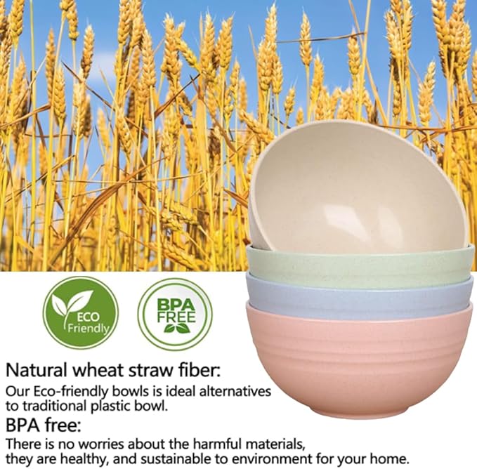 K Y KANGYUN Unbreakable Cereal Bowls - 24 oz Reusable Wheat Straw Bowl- Perfect for Serving Soup, Oatmeal, Pasta, Salad Camping, Picnic Bowls- Dishwasher & Microwave Safe - BPA Free, Sets for 4