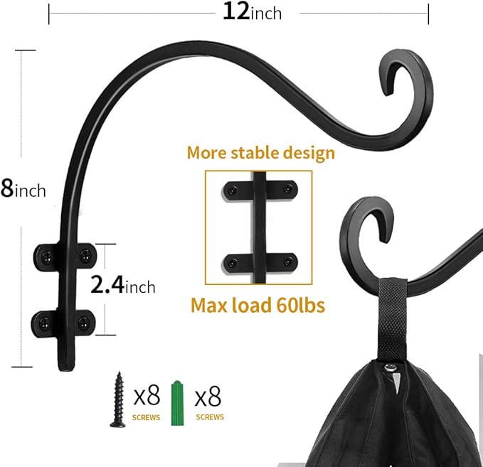 12 Inch Plant Hangers Outdoor 2 Pack Black, Heavy Duty Plant Hanging Bracket Hook for Flowers Baskets Planter Pots Bird Feeder Lanterns Wind Chimes Outdoor Indoor