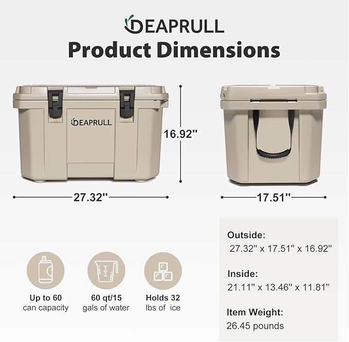 Hard Cooler, Insulated Ice Chest Box Holds Ice for More Days, Portable Cooler with Handle, Cup Holders, Double Latches for Camping Drink, Beach, Picnic, Fishing, Boat, Barbecue