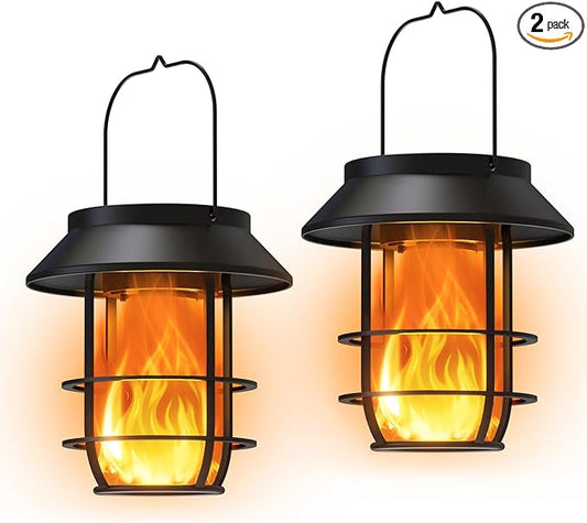 Solar Lanterns Outdoor Waterproof, Upgraded Flickering Flames Hanging Solar Lights for Outside with Wall Hooks, Halloween Decor Retro Metal Outdoor Lanterns Auto On/Off for Patio, Yard Decor