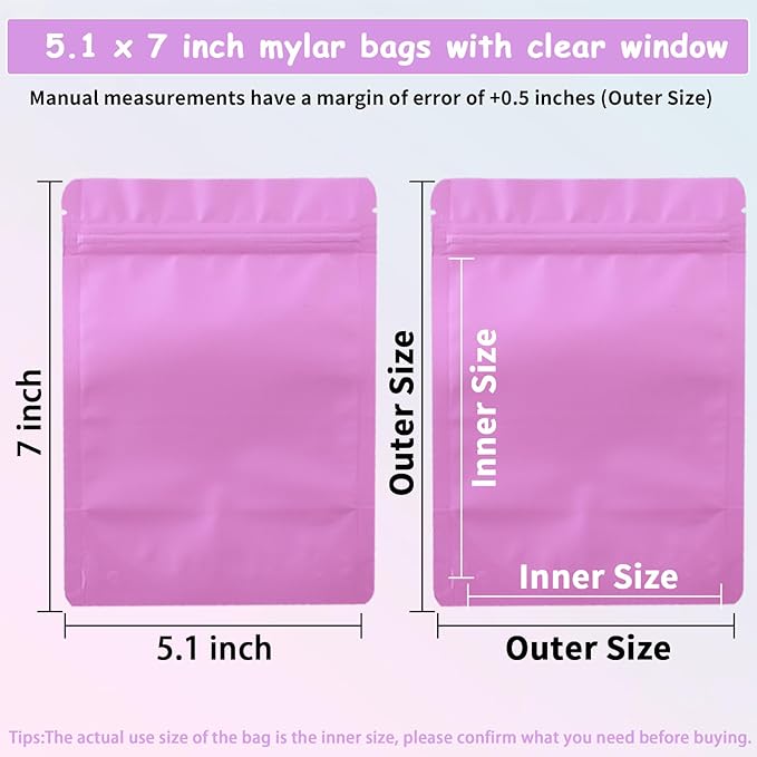 200 Pcs Mylar Bags for Food Storage 5x7 Smell Proof Bag Stand Up, Foil Resealable Bags for Food, Freeze Dried Candy Packaging Sealable Pouch Jewelry Bracelet Pouch for Small Business, Pink