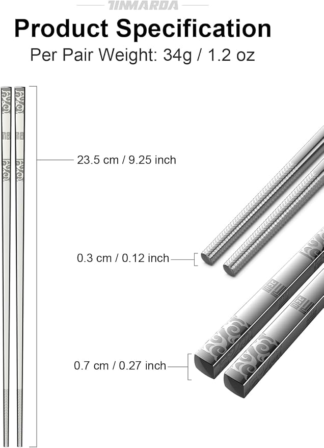 Metal Chopsticks Reusable 5 Pairs Stainless Steel Chopsticks Dishwasher Safe Square Lightweight Non-Slip Chop Sticks Present Set (Silver)