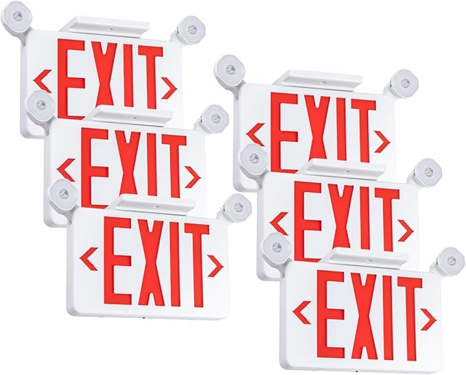 Gruenlich Red Exit Sign with Emergency Lights, 2 Adjustable LED Heads and Backup Battery, UL 924, AC 120/277V, Commercial Hardwired Exit Light for Business, 6 Pack