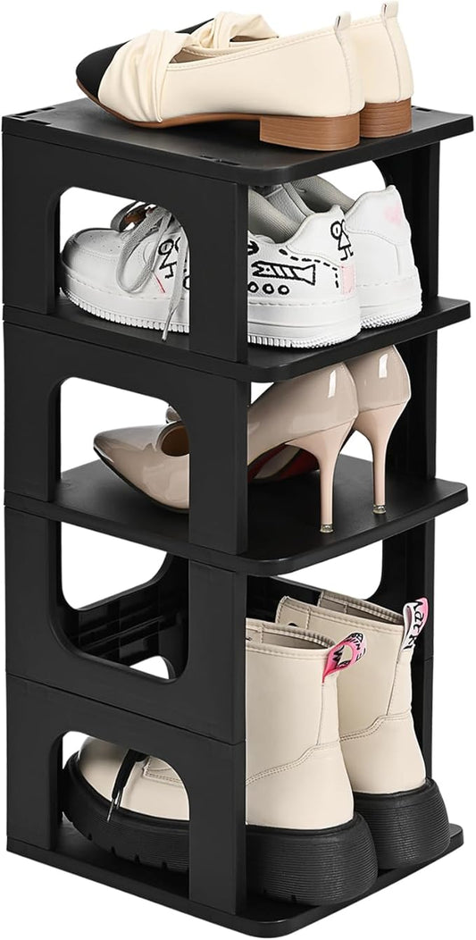 TRZZ 4-Tier Small Shoe Rack, Vertical Narrow Stackable Organizer with Removable Partition, Efficient Shoe Storage for Closet, Entryway, and Small Spaces (Black)
