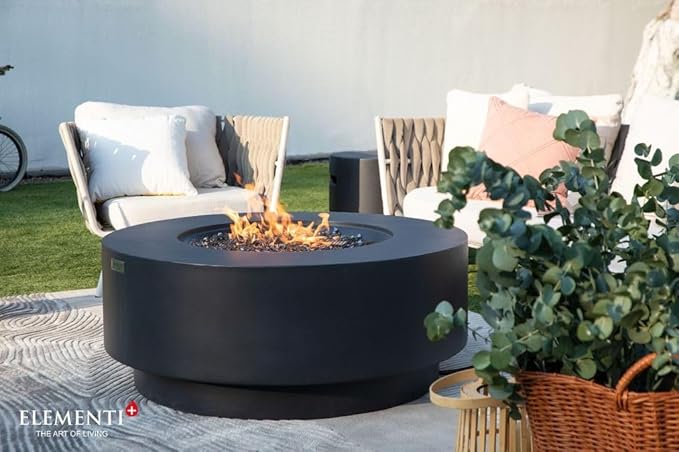 Elementi+ | Bundle Nimes Gas Fire Pit Cast Concrete 40" Dia. Round Fire Table, Outdoor Fire Pit Electronic Ignition | Canvas Cover, Fire Glass and Burner Lid Included | Dark Gray | Propane Gas