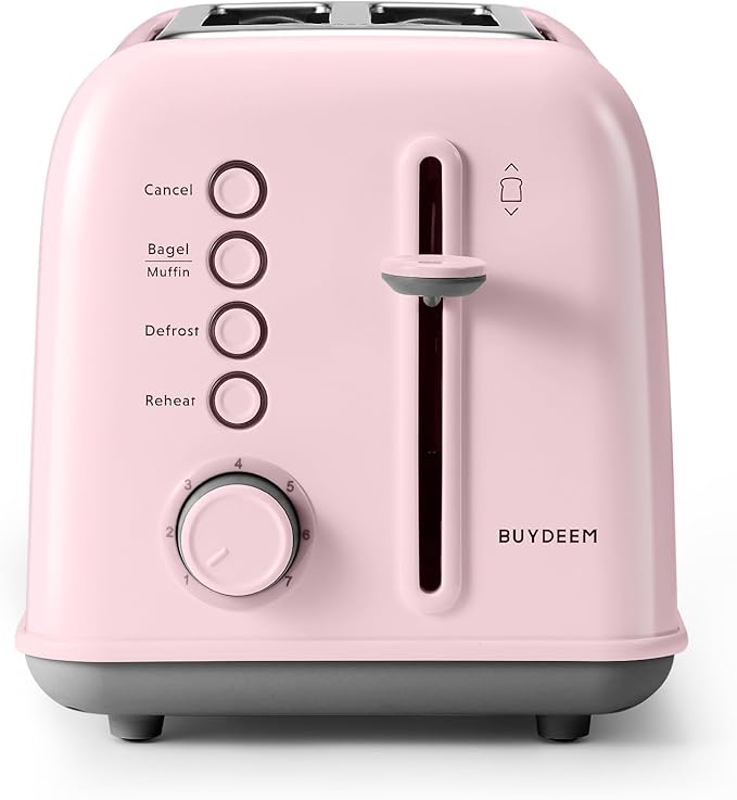 BUYDEEM DT620 2-Slice Toaster, Extra Wide Slots, Retro Stainless Steel with High Lift Lever, Bagel and Muffin Function, Removal Crumb Tray, 7-Shade Settings,Pink
