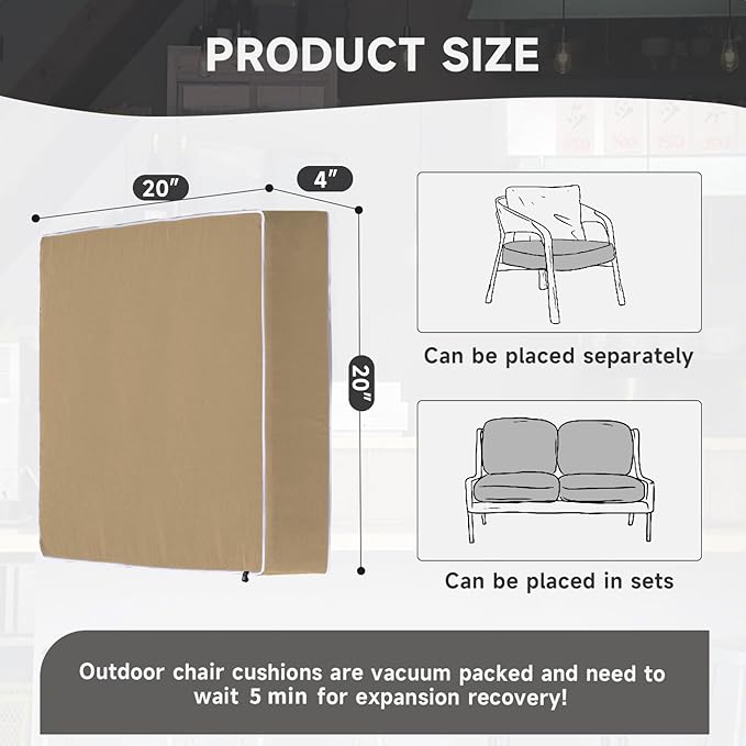 PNP FKJP 2 Pack Outdoor Chair Cushion 20" X 20" X 4", Waterproof Outdoor Seat Cushions with Non-Skid Ties, Khaki (Cushion + Cover)