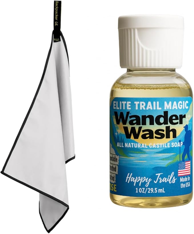 Wander Wash & Microfiber Towel Set – 1oz All-Natural Biodegradable Castile Soap + Fast-Drying Travel Towel – Lightweight, Unscented, Compact for Hiking, Camping, Backpacking