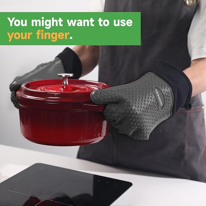 GEEKHOM BBQ Gloves Heat Resistant Oven Mitts - Silicone Grilling Gloves with 14" Long Arm Protection - Waterproof Pot Holder Non-Slip for Men & Women, Kitchen Cooking, Baking, Camping, Gray