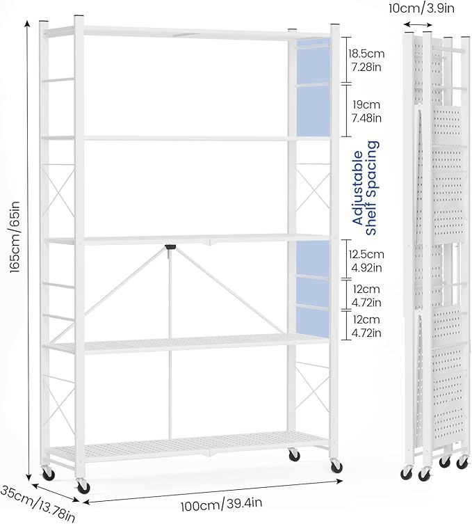 ALANNG 39.4" Wide Folding Storage Shelves with Wheels, Adjustable Metal Shelving Unit, Standing Shelf Organizer for Closet Kitchen Garage Laundry Pantry (White,1 Pack)