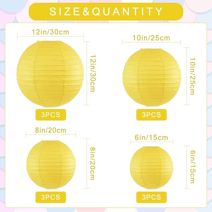 12Pcs Round Paper Lanterns Assorted Sizes (6" 8" 10" 12") for Home Decor, Restaurant, Church, Wedding, Birthday Party Decorations, Hanging Chinese Japanese Paper Lantern Lamps (Yellow)