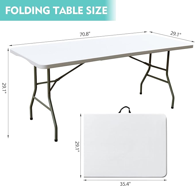 Foldable Table, Plastic 6FT Folding Table, Indoor Outdoor Portable Utility Table with Handle for Party, Camping and Picnic, White
