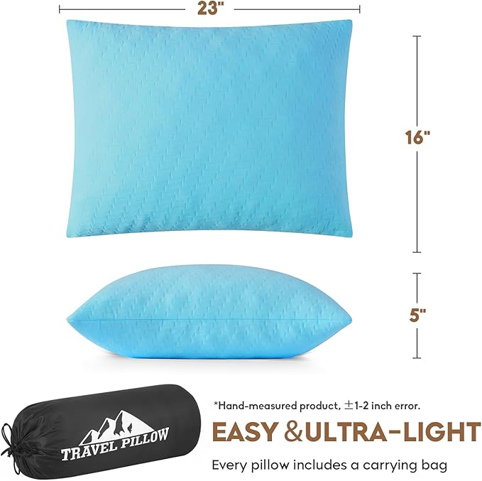 Small Shredded Memory Foam Pillow, Camping Pillow Travel Pillow - Compressible Medium Firm, Breathable Cover, Ideal Backpacking Hiking, Airplane and Car (Sky Blue, L)