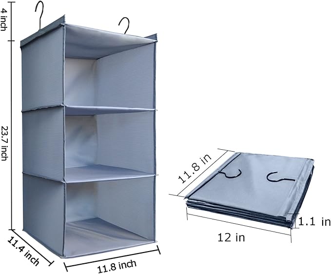 Hanging Closet Organizer and Storage 3-Shelf, Easy Mount Foldable Hanging Closet Wardrobe Storage Shelves, Clothes Handbag Shoes Accessories Storage, Washable Oxford Cloth Fabric, Gray
