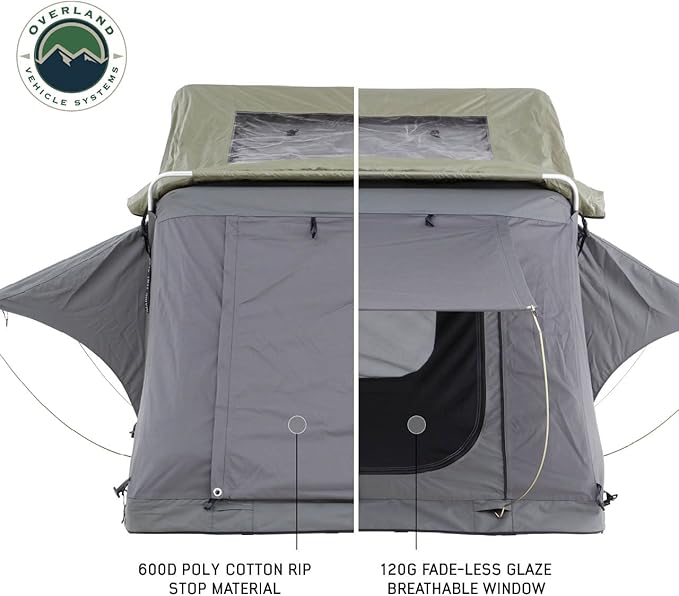 Overland Vehicle Systems HD Nomadic 3 Extended Soft Shell Roof Top Tent - Dark Gray Base with Green Rain Fly & Black 1000G PVC Travel Cover - Black Aluminum Base