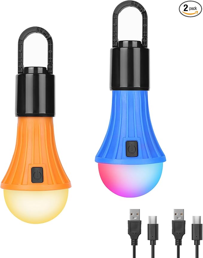 Lepro LED Rechargeable Camping Lantern, 7 White and RGB Light Modes, Camping Essentials, Hanging Light Bulbs with Clip Hook for Camping, Christmas, Decorations, Emergency, USB Cable Included, 2 Packs