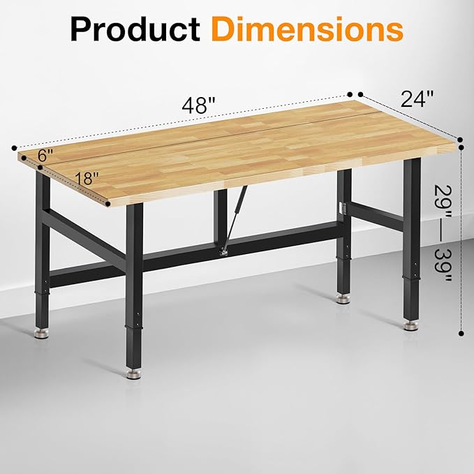 48” Folding Workbench, 2000 LBS Capacity Heavy Duty Workbench, Height Adjustable Foldable Work Table, Rubberwood Collapsible Desk for Workshop, Garage, Office, Home