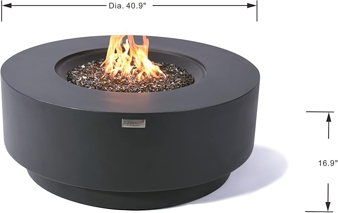 Elementi+ | Nimes Gas Fire Pit Cast Concrete 40" Dia. Round Fire Table, Outdoor Fire Pit Electronic Ignition | Canvas Cover, Fire Glass and Burner Lid Included | Dark Gray | Propane Gas