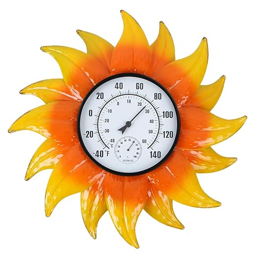 Large Sunflower Outdoor Thermometer No Need Battery, Outdoor Wall Thermometer with Humidity, Outside Thermometer Decorative for Patio, Backyard, Garden, Living Room