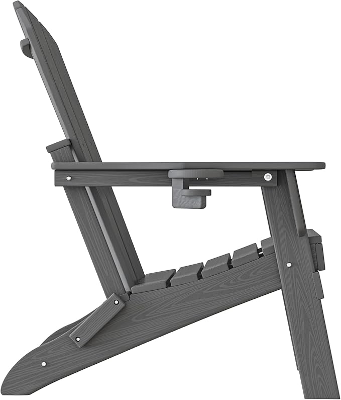 Folding Adirondack Chair, SGS Tested, Wooden Textured with Cup Holder, Heavy All-Weather HDPE Comfortable Set Poolside Backyard Lawn Grey