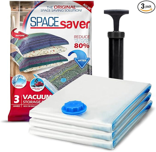 Spacesaver 3 Pack Jumbo Vacuum Storage Bags - 40" x 30 Heavy Duty Blanket Storage Bag with Pump - Space Saver for Clothes, Comforters, and Bedding - Compression Bags to Store Blankets for Travel