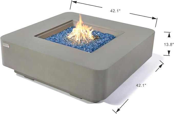 Elementi+ | Lucerne Gas Fire Pit Cast Concrete 42" Square Fire Table, Outdoor Fire Pit Electronic Ignition | Canvas Cover, Fire Glass and Burner Lid Included | Light Gray | Natural Gas