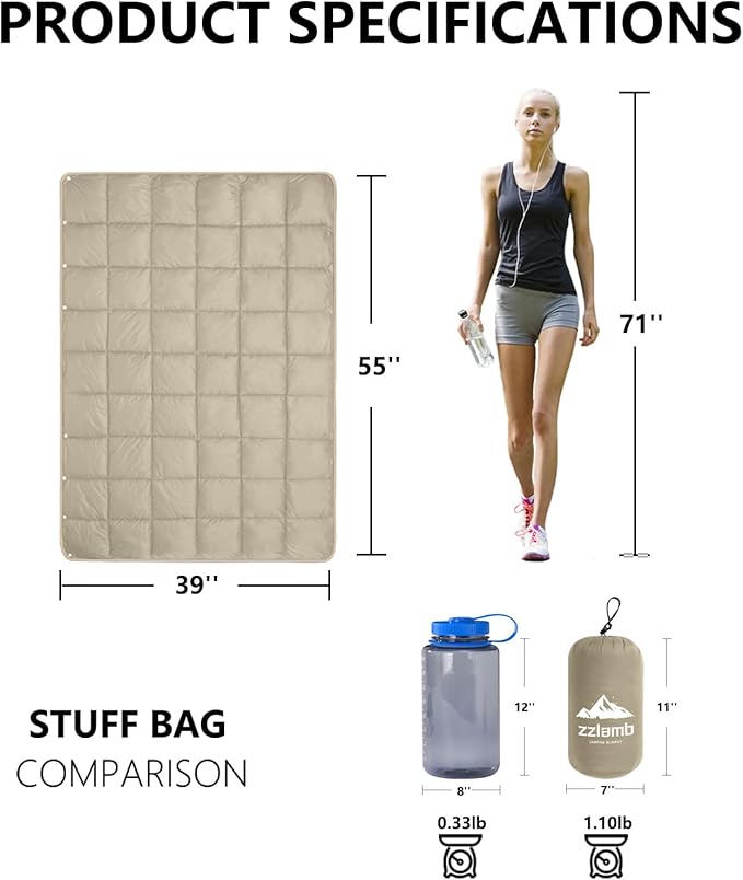zzlamb Camping Blanket, Compact Lightweight Soft Puffy Blanket Water-Repellent, Packable Warm Quilt Down Alternative Picnic Hiking Backpacking Beach Travel RV Airplane Couch Car