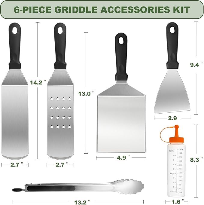 6pcs Griddle Accessories Kit, Heavy Duty Stainless Steel Griddle Tools Spatulas Set for Blackstone - Commercial Grade Flat Top Grill Accessories - Great for Outdoor BBQ