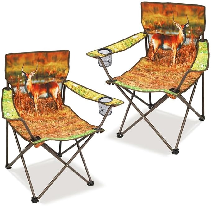 2 Pcs Animal Pattern Camping Chair,Folding Backpacking Lightweight Beach Chair w/Cup Holder,Side Pocket,Carry Bag,Portable Adults Lawn Chair for Family Outdoor,Hiking,Parties,Antelope