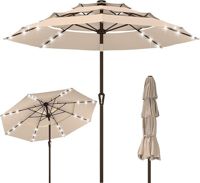 Kingdura 9ft 3-Tier Patio Umbrella with Solar Lights, Table Umbrella Outdoor Patio with Easy Crank & Tilt, 8 Sturdy Ribs, UV Protection, 32 LED Lights for Deck, Poolside, Market (Beige)