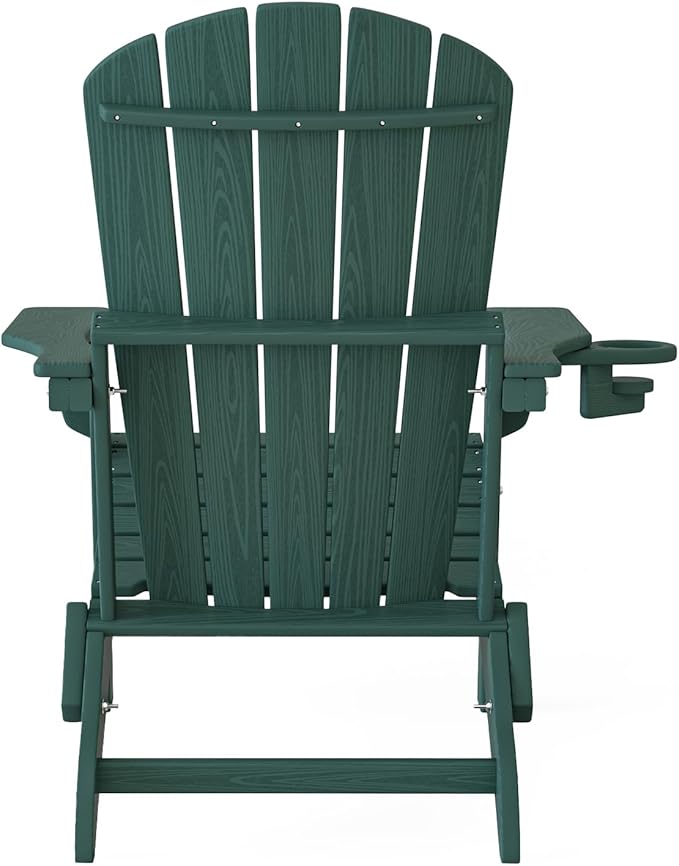 Folding Adirondack Chair, SGS Tested, Wooden Textured with Cup Holder, Heavy All-Weather HDPE Comfortable Set Poolside Backyard Lawn Green
