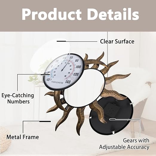 14" Sun-Moon Outdoor Thermometer, Metal Wall Thermometer No Need Battery, Decorative Indoor Thermometer for Patio, Garden, Living Room