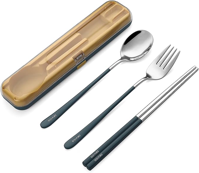 DEVICO Portable Utensils, Travel Reusable Silverware Flatware Set for Lunch, 18/8 Stainless Steel 4-Piece Camping Cutlery Include Fork Spoon Chopsticks with Case (Blue)