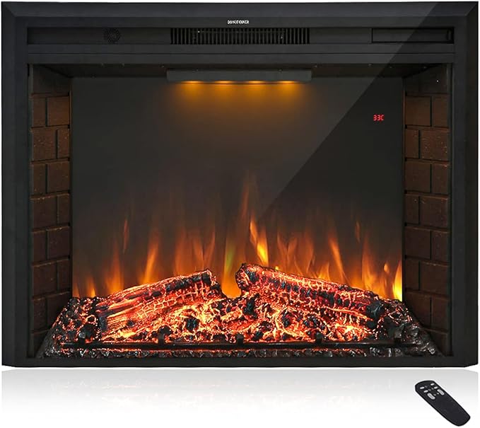 30'' Electric Fireplace Insert, Retro Recessed Fireplace Heater with Fire Cracking Sound, Remote Control & Timer, 750/1500W, Black