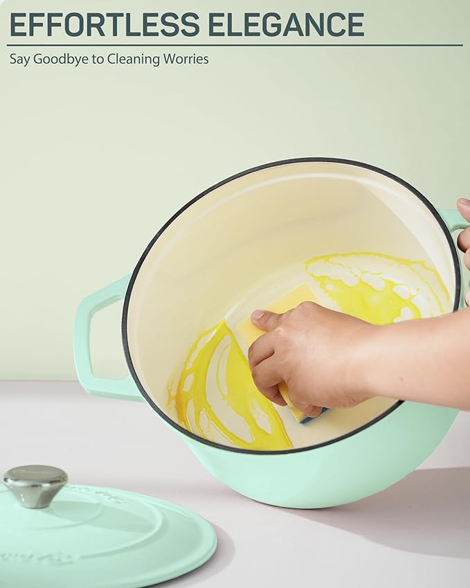 6 QT Dutch Oven Pot with Lid, Enameled Cast Iron Dutch Oven for Bread Making, Braiser, Cooking, Dual Handles, Oven Safe up to 500° F or on Stovetop, Gifts for Family - Mint Green