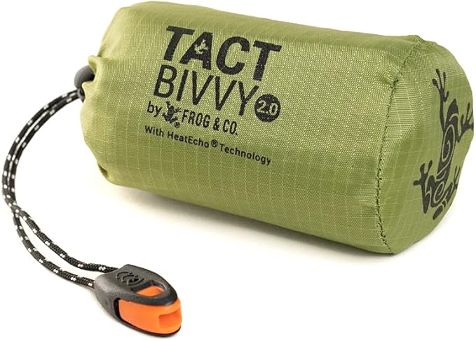 Survival Frog Tact Bivvy 2.0 Emergency Sleeping Bag w/Stuff Sack, Carabiner, Survival Whistle, ParaTinder - Compact, Lightweight, Waterproof, Reusable, Thermal Bivy Sack Cover, Shelter Kit