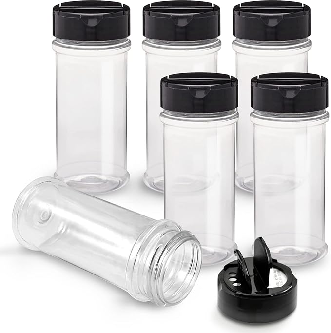 RoyalHouse 6 Pack 5.5 Oz Plastic Spice Jars with Black Cap, Clear and Safe Plastic Bottle Containers with Shaker Lids for Storing Spice, Herbs and Seasoning Powders, BPA Free, Made in USA