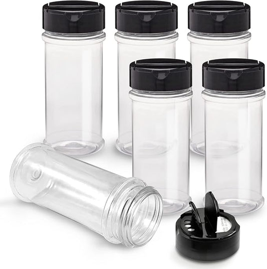 RoyalHouse 6 Pack 5.5 Oz Plastic Spice Jars with Black Cap, Clear and Safe Plastic Bottle Containers with Shaker Lids for Storing Spice, Herbs and Seasoning Powders, BPA Free, Made in USA
