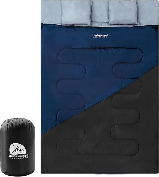 Double Sleeping Bag for Adults Kids - Lightweight 2 Person Sleeping Bag with Pillow, Queen Size Waterproof Camping Sack Two Person for Girls, Boys, Youths, Teens, Compact for Cold Weather & Warm