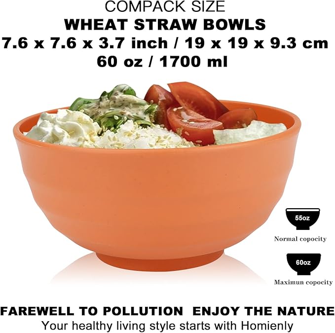 Homienly Wheat Straw Large Bowls, 60 OZ Large Capacity Salad Bowl,Unbreakable Bowl Set of 6, Serving Bowls for Kitchen, Picnic, Party, Microwave and Dishwasher Safe Camping Bowl Set-Multi