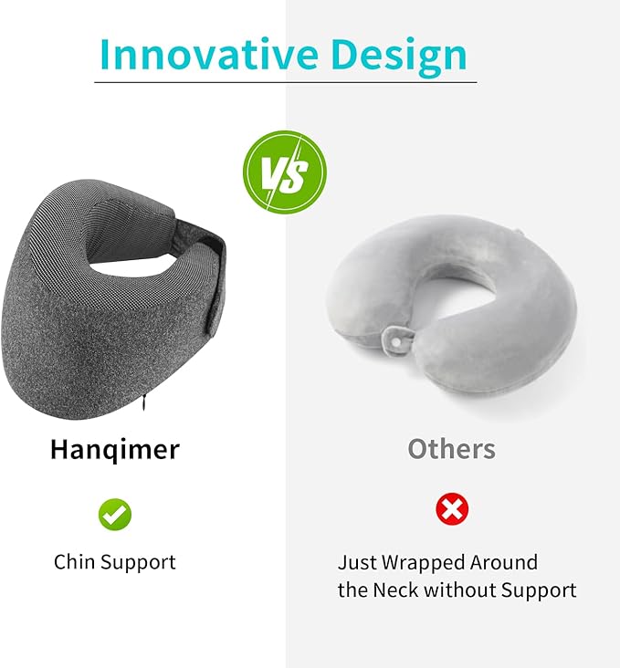 Patented Chin Support Travel Pillow for Sleeping，Innovative Travel Neck Pillows for Airplanes, 100% Pure Memory Foam Airplane Pillow for Long Flight - Dark Grey