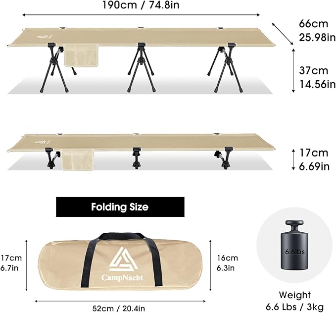 CAMPNACHT Ultralight Camping Cot with Leg Extenders, Aluminum Lightweight Folding Cot for Adults, Portable Backpacking Compact Tent Cot for Outdoor, Hiking, 1 Pack with 2 Use Modes, Khaki