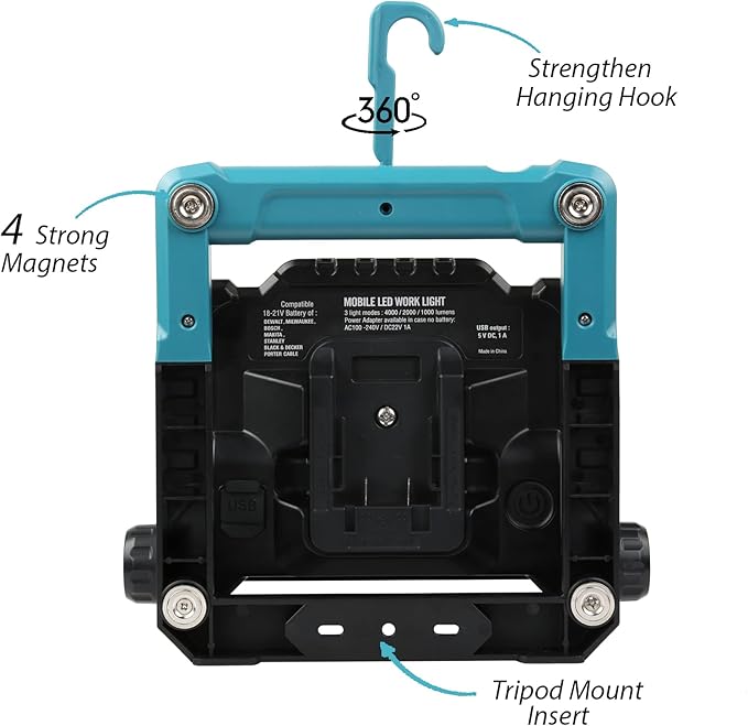 4000Lumens Work Flood Light Cordless, Magnetic Portable Led Work Lights for Job Sites Lighting, Compatible for Makita, Dewalt 20V, Milwaukee 18V m18 Lithium Tool Battery, Blue