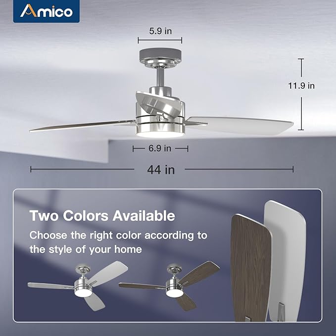 Amico Ceiling Fans with Lights, 44 inch Nickel Ceiling Fan with Light and Remote Control, Reversible, 3CCT, Dimmable, Noiseless, Small Ceiling Fan for Bedroom, Farmhouse, Indoor/Outdoor Use