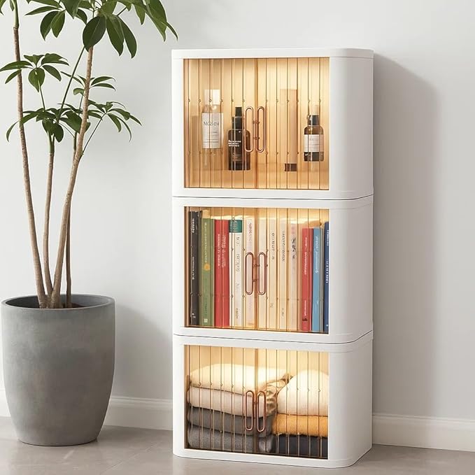 Closet Mounted Storage and Organization Systems Storage Bins with Lids and Rolling Doors Stackable Plastic Pantry Cabinet Cupboard Storage Cabinet with Sliding Door Wheels White，Large