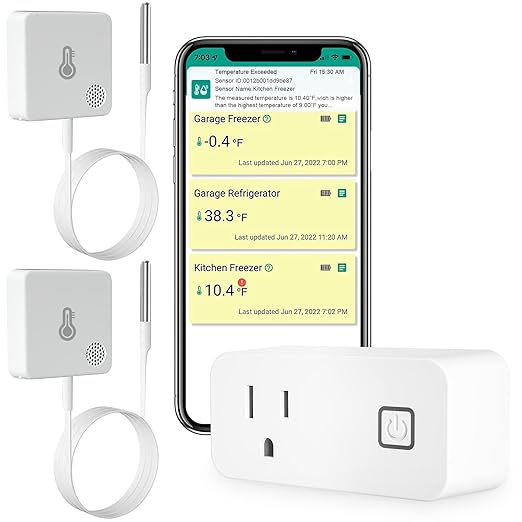 WiFi Freezer Thermometer Alarm, Email Alert, App Notification, 2-Years Data Export, No Subscription Fee, 2 Remote Temperature Sensors for Refrigerator, Freezer, Hot Tub