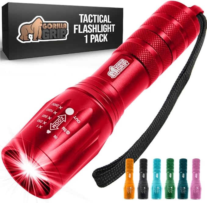 GORILLA GRIP Powerful LED Tactical Flashlight, 750 FT High Lumens 5 Adjustable Modes, Water Resistant, Ultra Bright Zoom Flashlights, Small Mini Flash Light, Camping, Night Dog Walking, Red