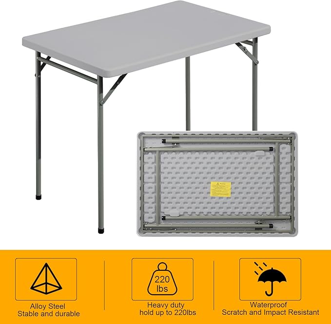 Folding Table 3ft Rectangular All-Occasion Plastic Folding Event Table for Indoor and Outdoor, Portable Desk, Camping, Durable and Stable, HDPE and Steel, Wide Application, Grey